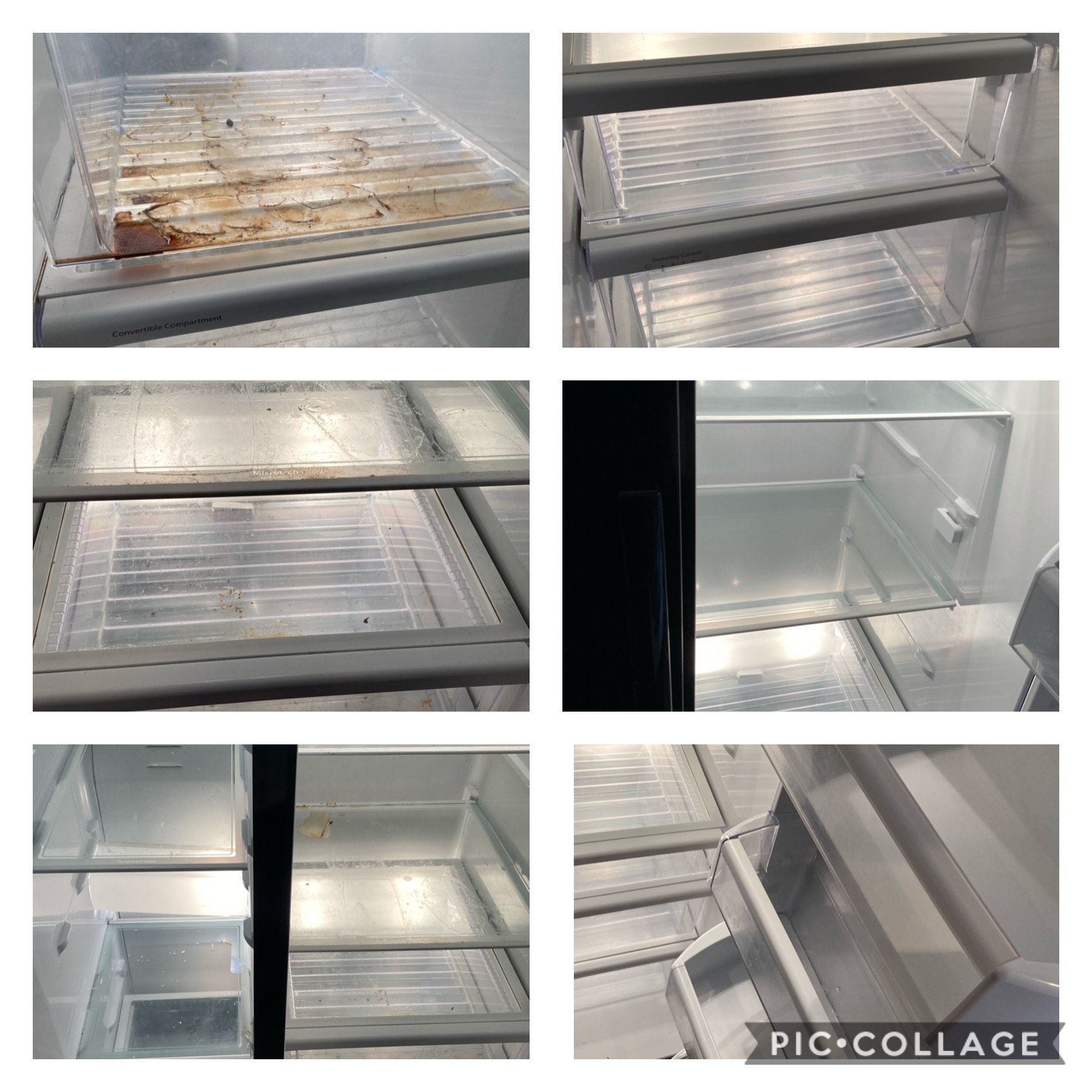 A picture of a refrigerator before and after being cleaned
