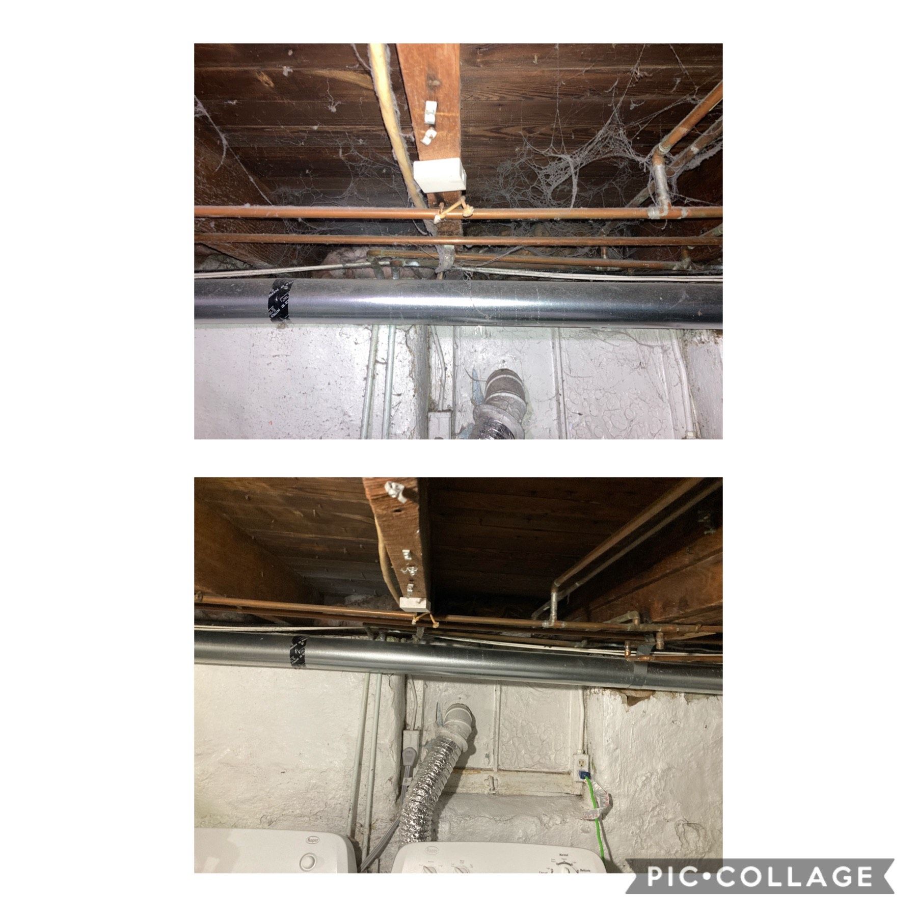 A collage of two pictures of a basement ceiling and pipes.