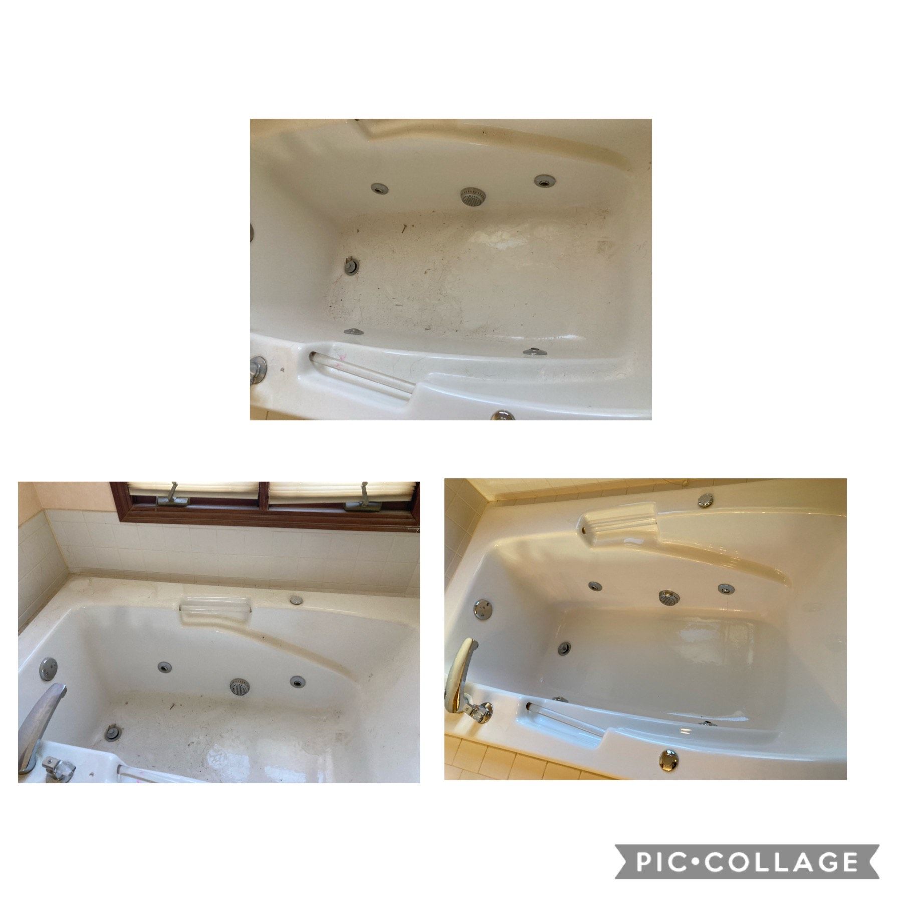 A collage of three pictures of a bathtub before and after being cleaned.