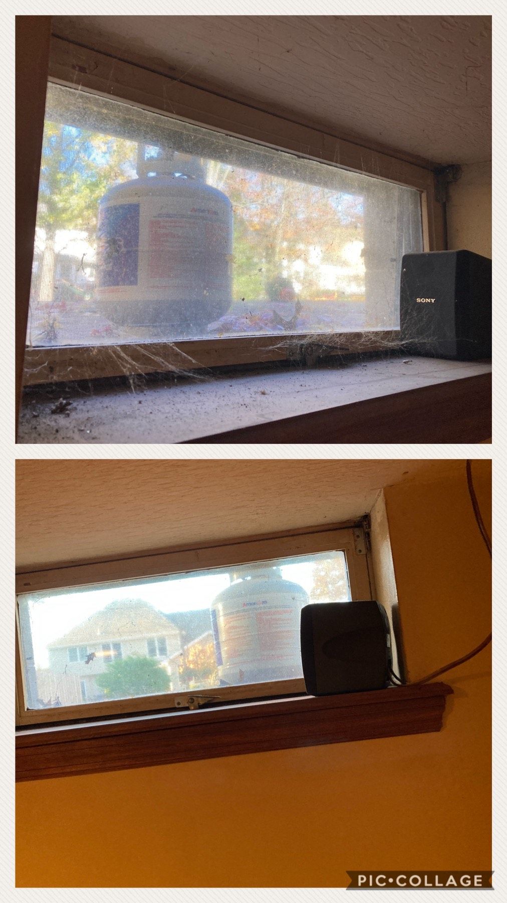 A before and after picture of a window with a speaker on the window sill.