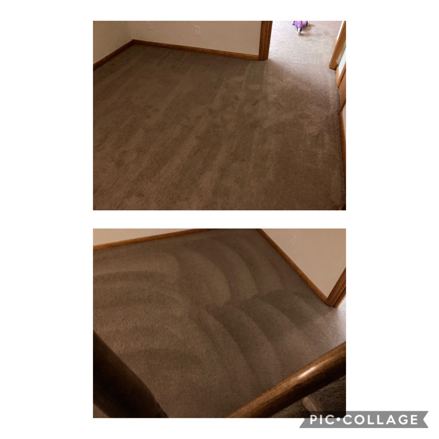 A before and after picture of a carpeted floor