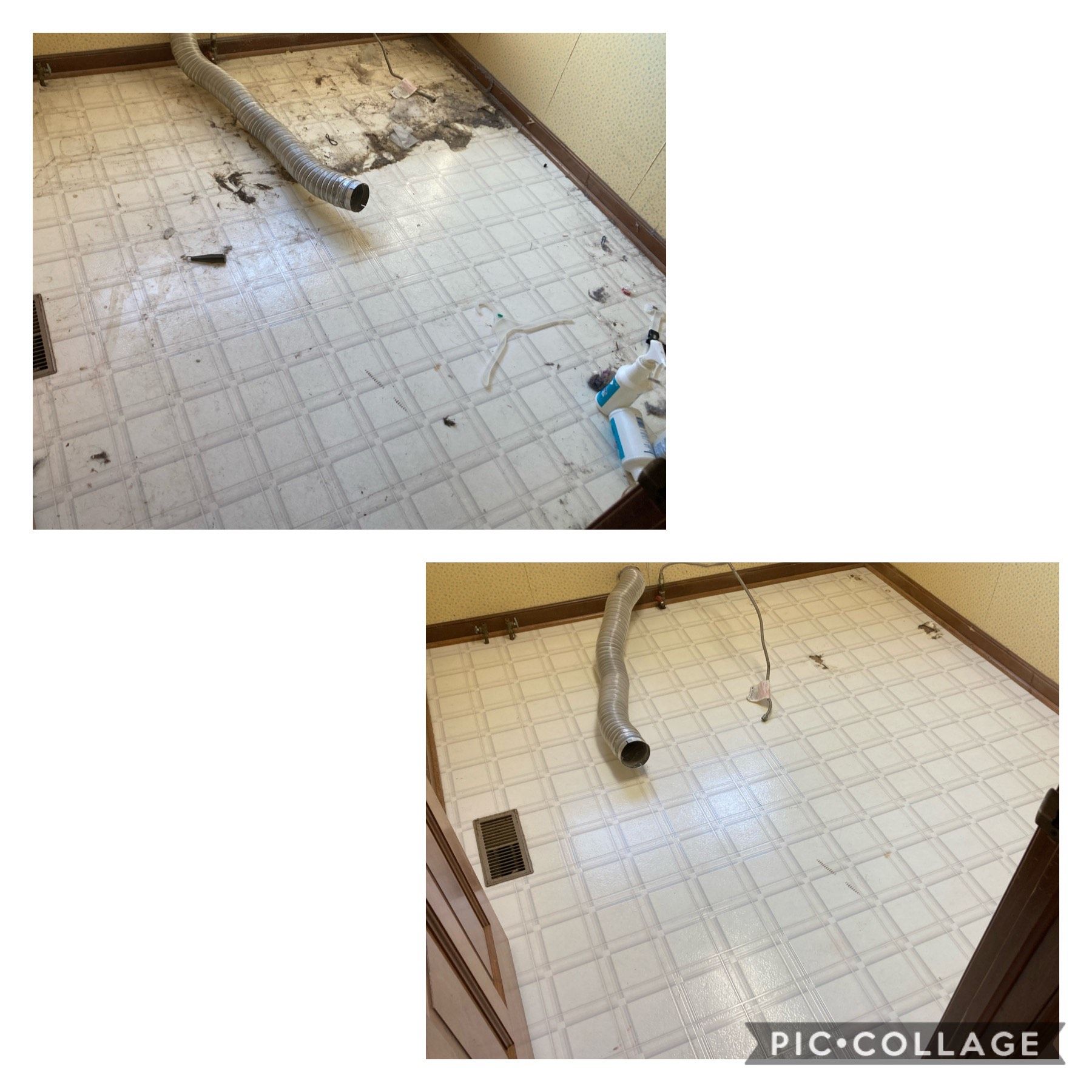 A before and after picture of a bathroom floor