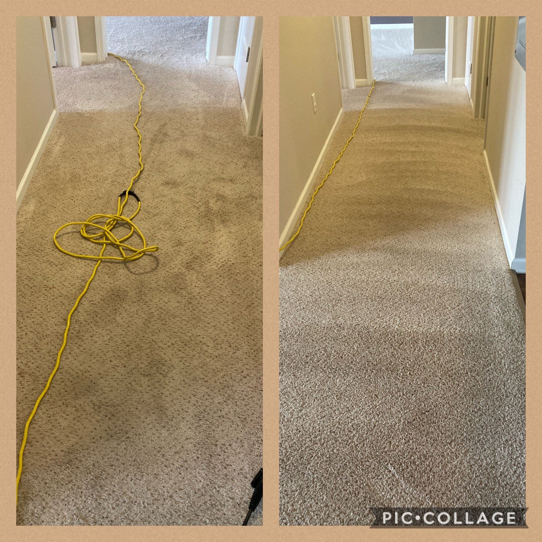 A before and after picture of a carpeted hallway.
