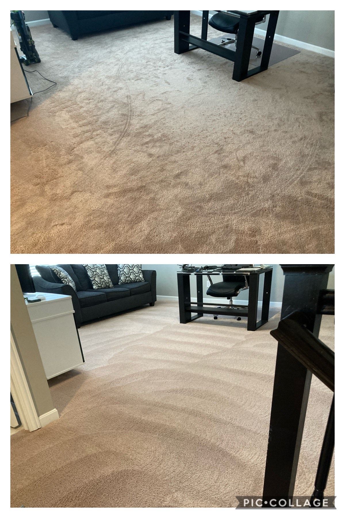 A before and after picture of a living room carpet.