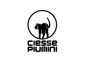 Logo di Ciessse Piumini: sagoma nera di un gatto all'interno di un cerchio nero, con la scritta 