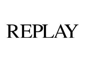 Logo REPLAY in nero, carattere serif classico su bianco.