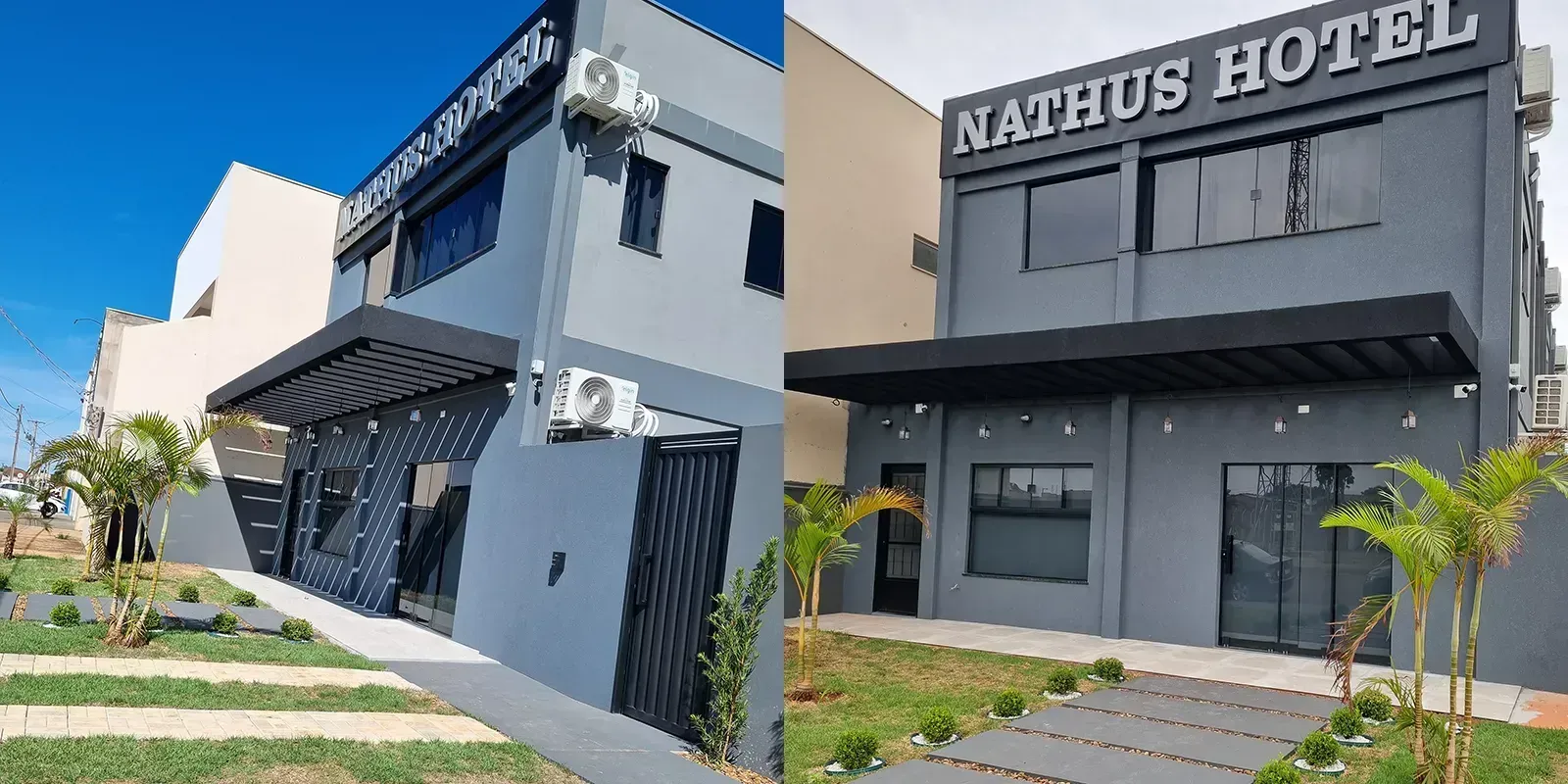 Prédio cinza de dois andares com toldo preto; a placa "NATHUS HOTEL" é visível. Jardim com grama verde e arbustos.