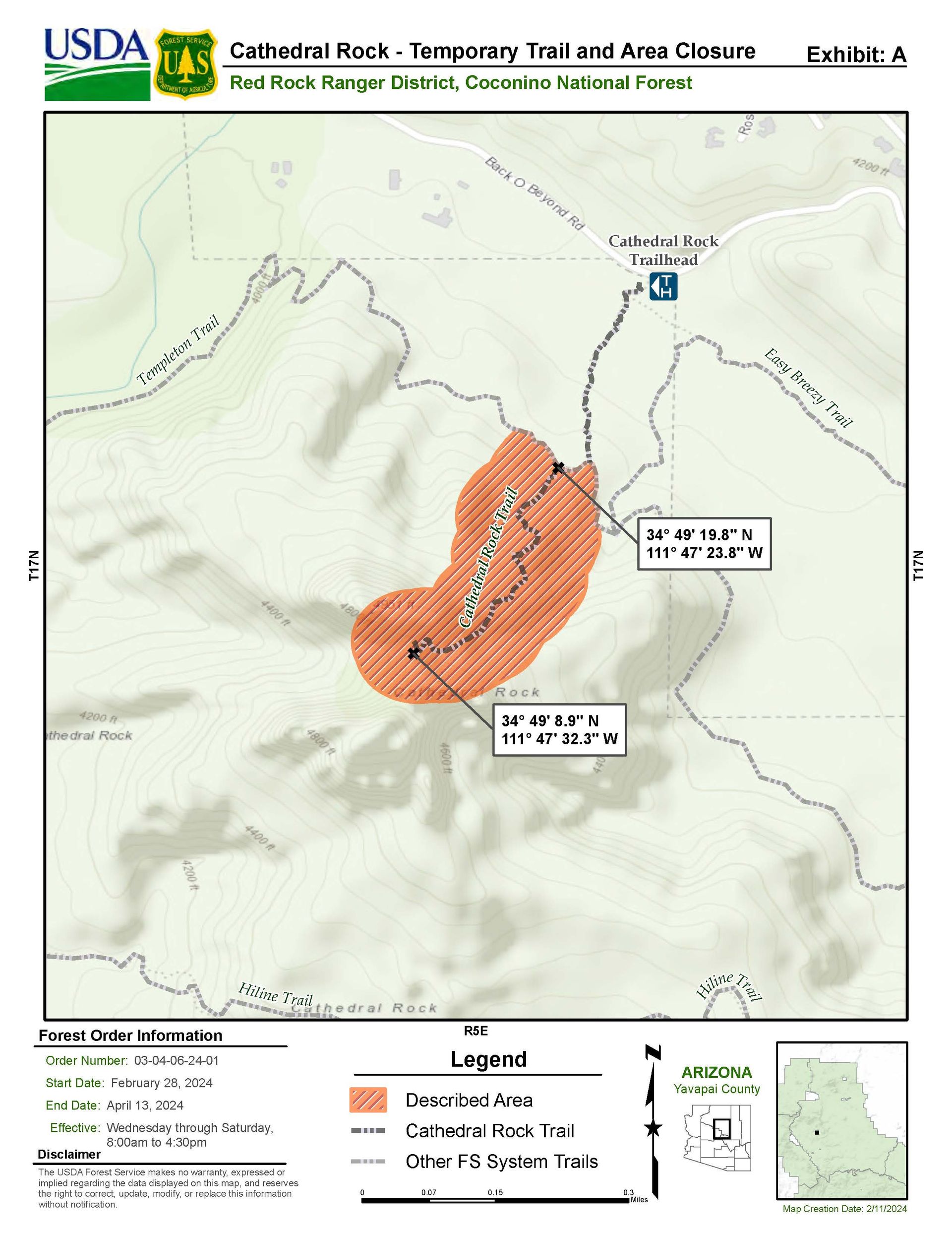 A map of the Cathedral Rock Trail closure, beginning February 28
