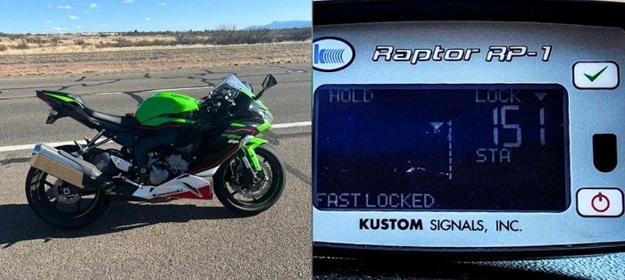 A speeder's motorcycle, and a police radar showing the speed of 151 mph