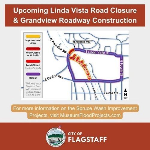 Closure map for Flagstaff's Linda Vista Rd. closure and Grandview Roadway construction