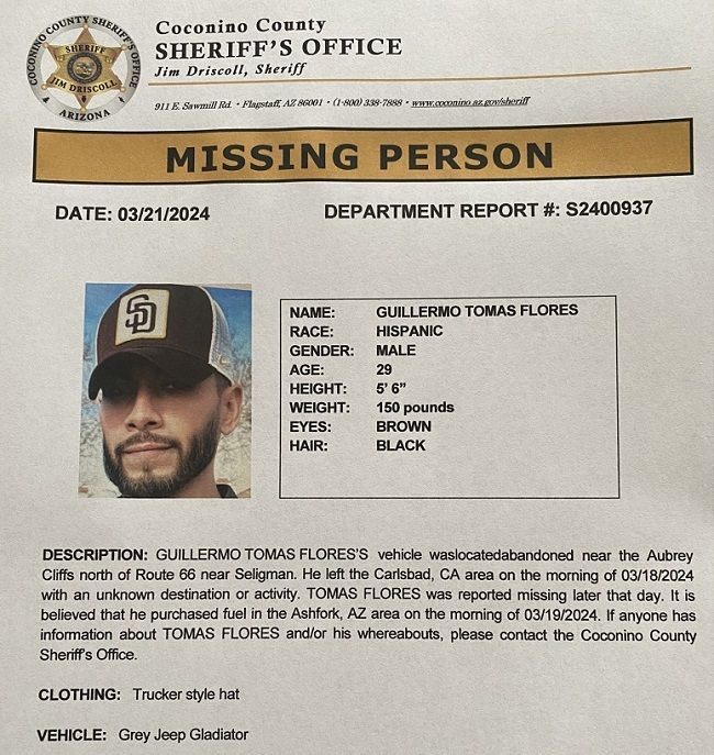 A Missing Person flyer for Guillermo Tomas Flores