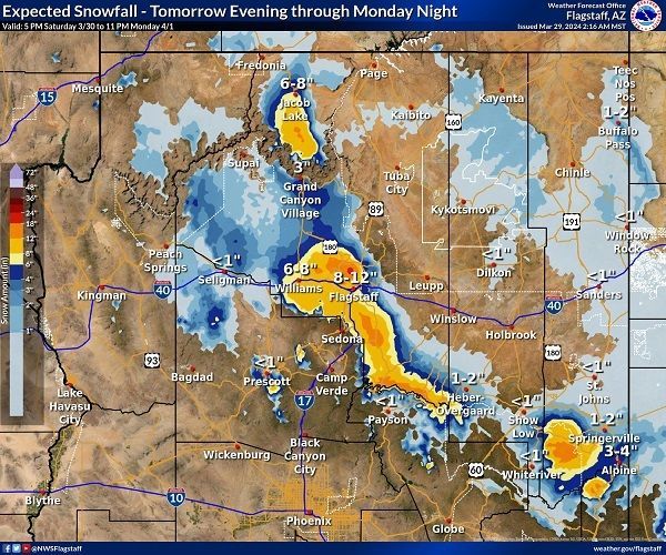 NAZ snow map for the March 30-31 snow storm