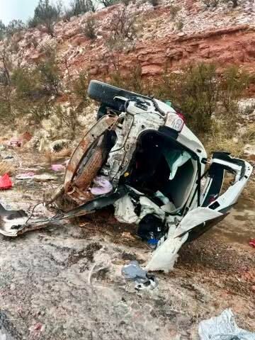 A crashed, overturned vehicle on I-40 near Seligman