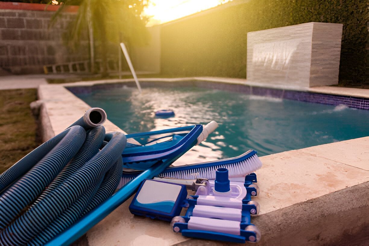 A hose , vacuum cleaner , and brush are sitting next to a swimming pool.
