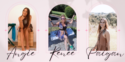 Three women are standing next to each other on a pink — Yoni Steam Australia in Gold Coast, QLD