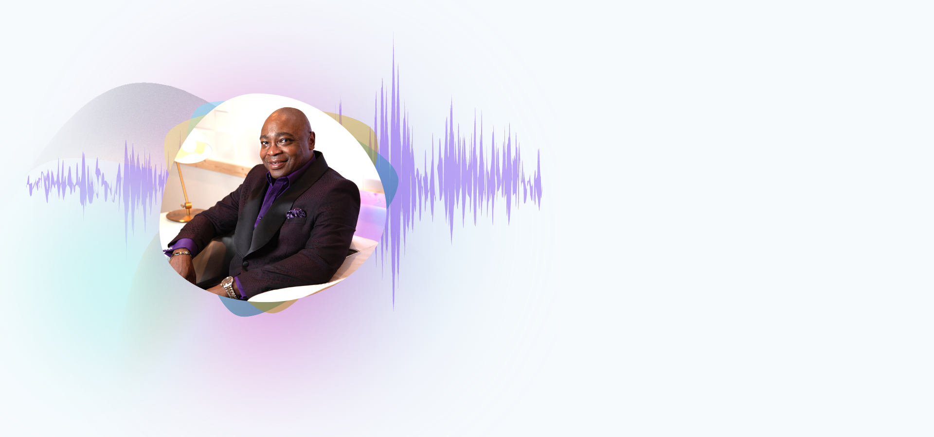 A man is sitting on a couch in a circle with a sound wave behind him.