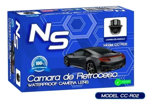 Caja para cámara de respaldo de automóvil, color azul y blanco, con ilustración de automóvil.