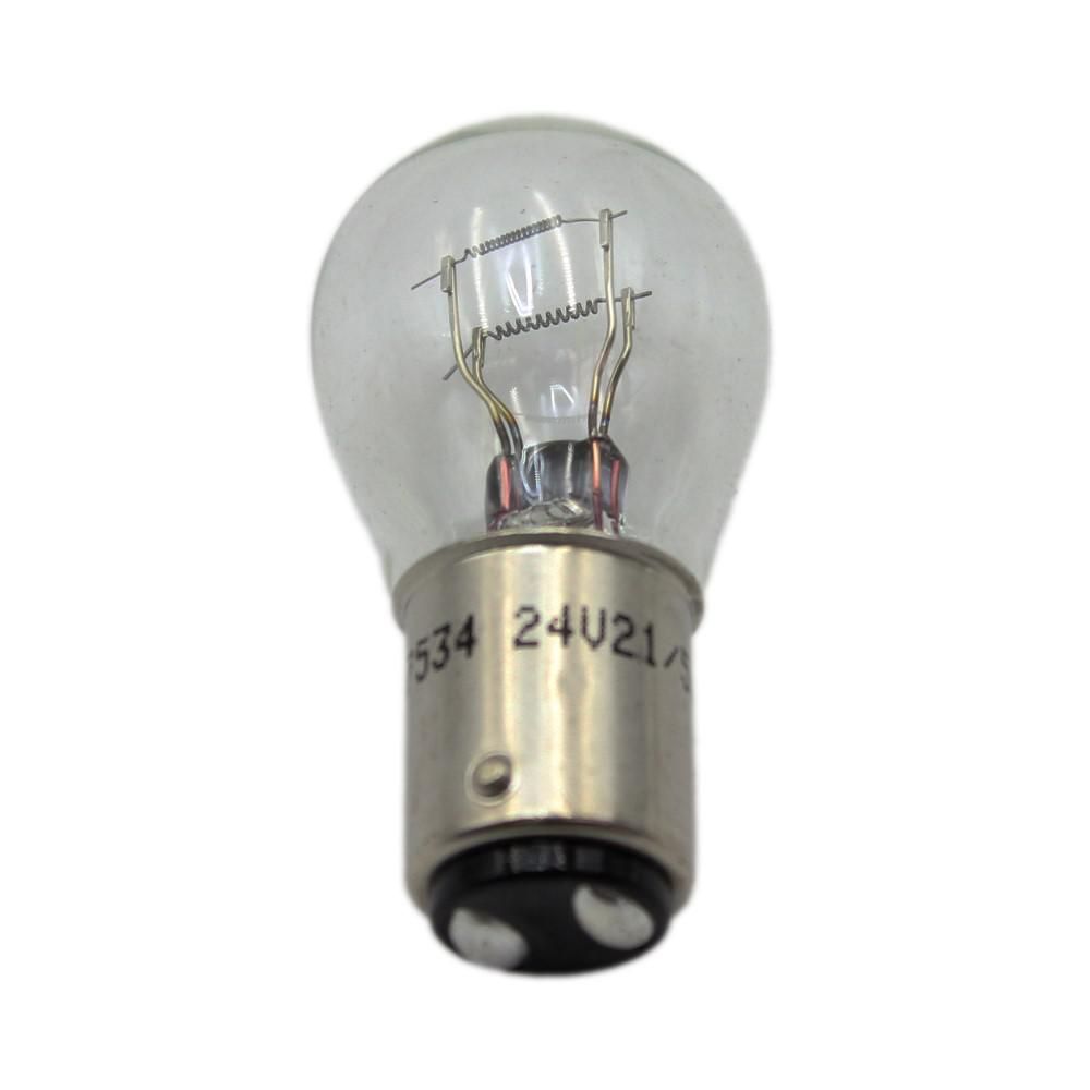 Bombilla, vidrio transparente, base plateada, filamento visible, marcas incluyen "534" y "24U21/".