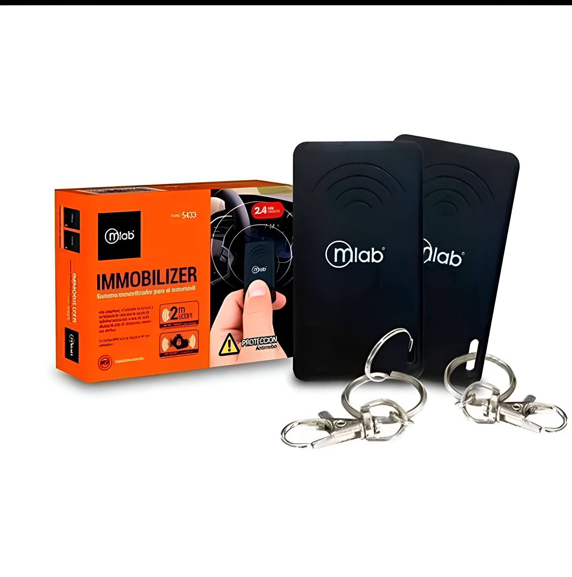Sistema inmovilizador de coche: caja, tarjetas negras con llaveros, naranja, negro.