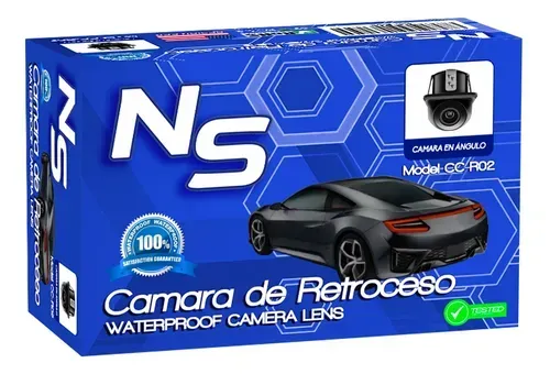 Caja azul para cámara de marcha atrás de coche, con ilustración de un coche. Texto: "Ns", "Cámara de Retroceso".