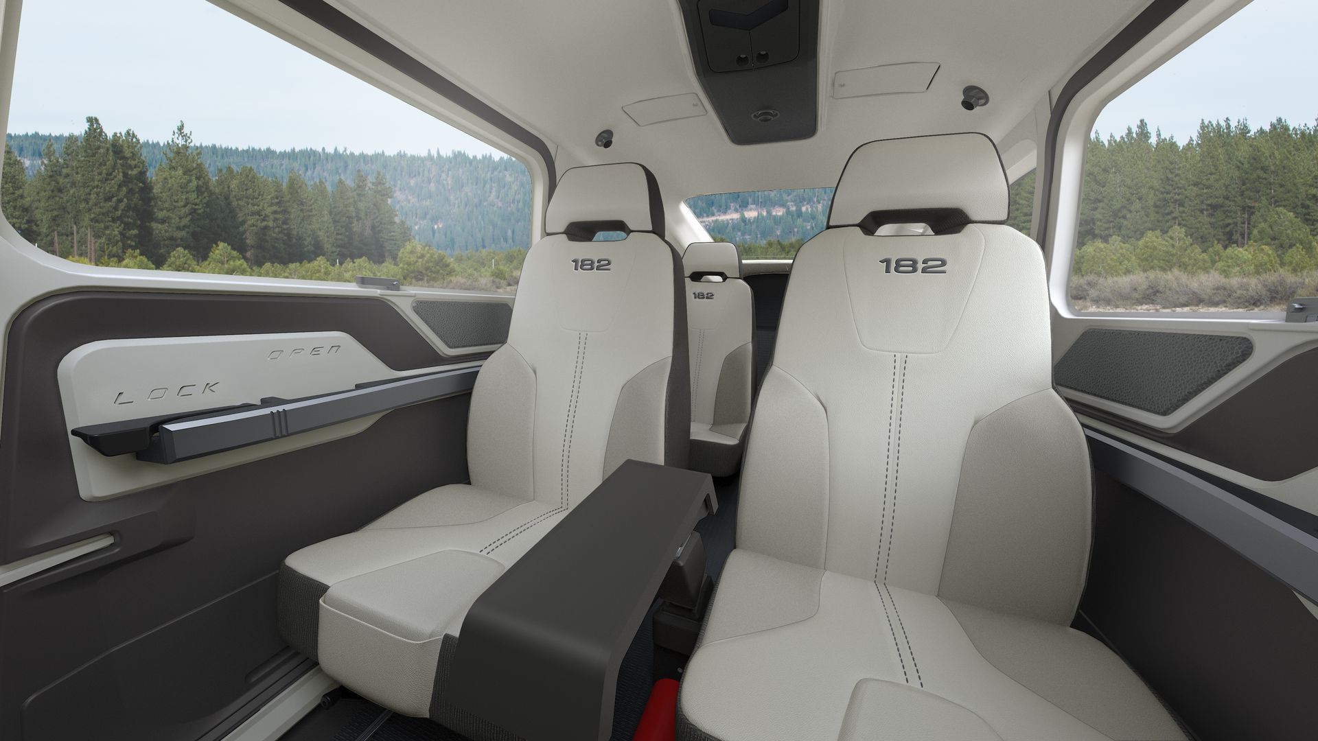 A rendering of the interior of a vehicle with white seats