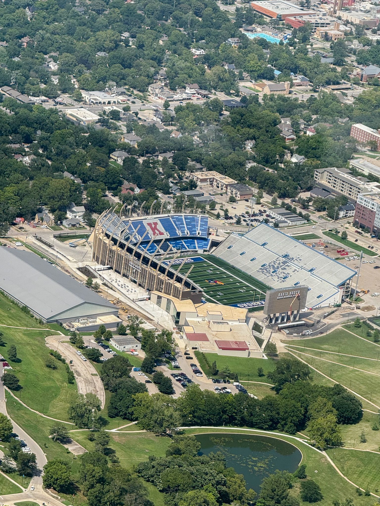 Flight tour by Hetrick Air Service  of the KU Football Stadium under construction view from the southwest.