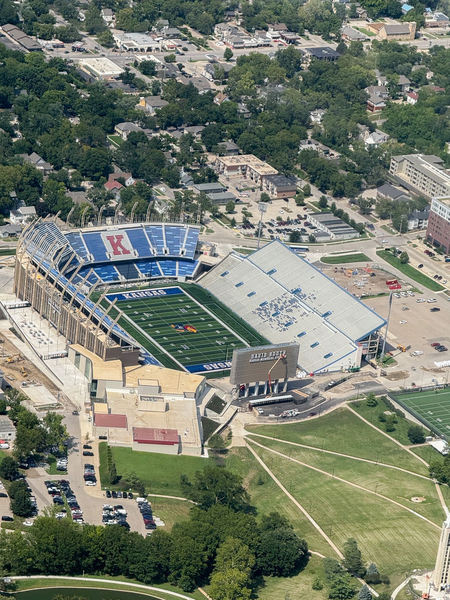 Flight tour by Hetrick Air Service  of the KU Football Stadium under construction view from the southwest.