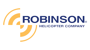 The logo for robinson helicopter company is yellow and blue.