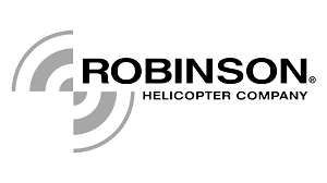 The logo for robinson helicopter company is black and white.