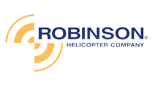 The logo for robinson helicopter company is yellow and blue.