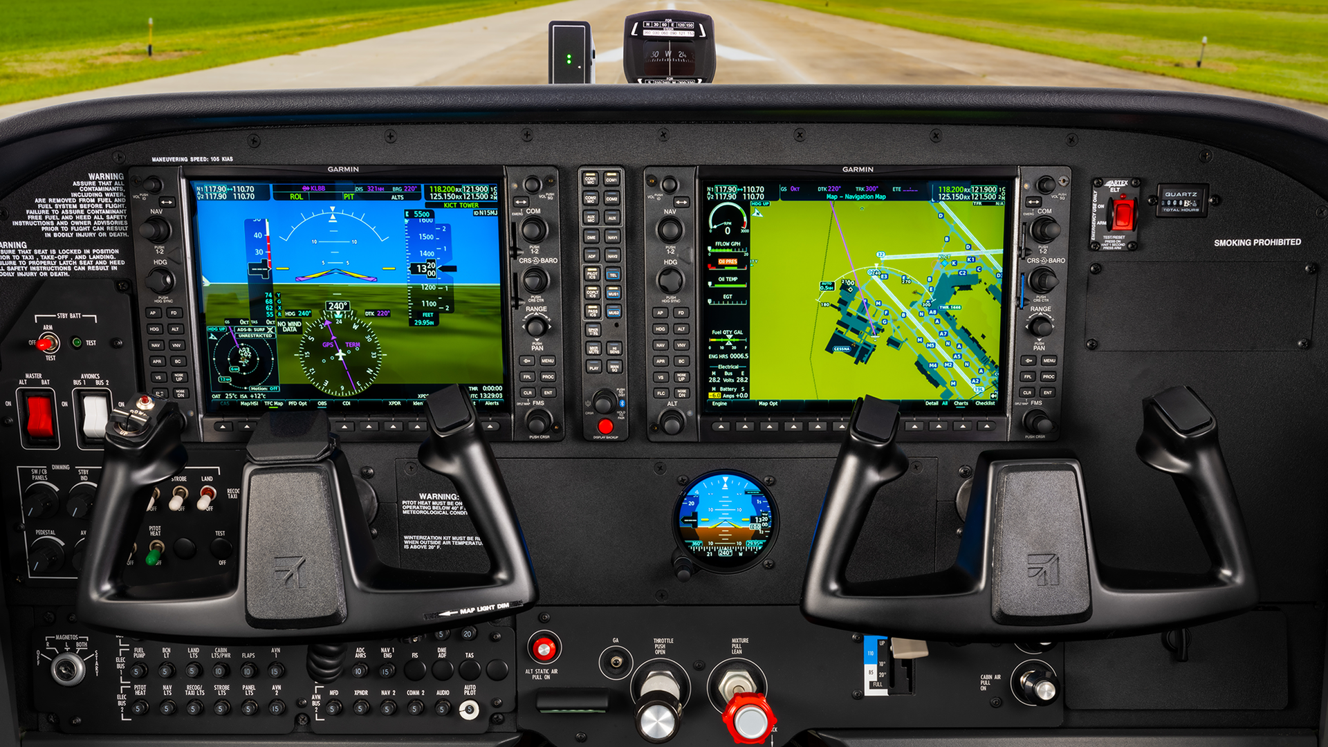 A cockpit of an airplane with a gps on it