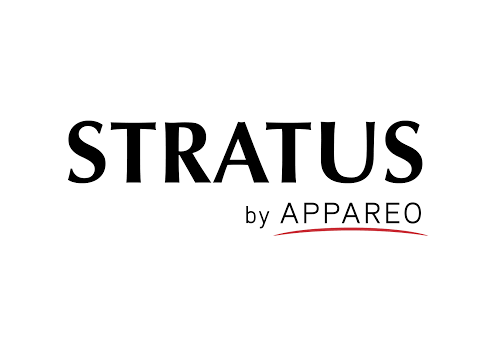 The logo for stratus by appeareo is black and red on a white background.