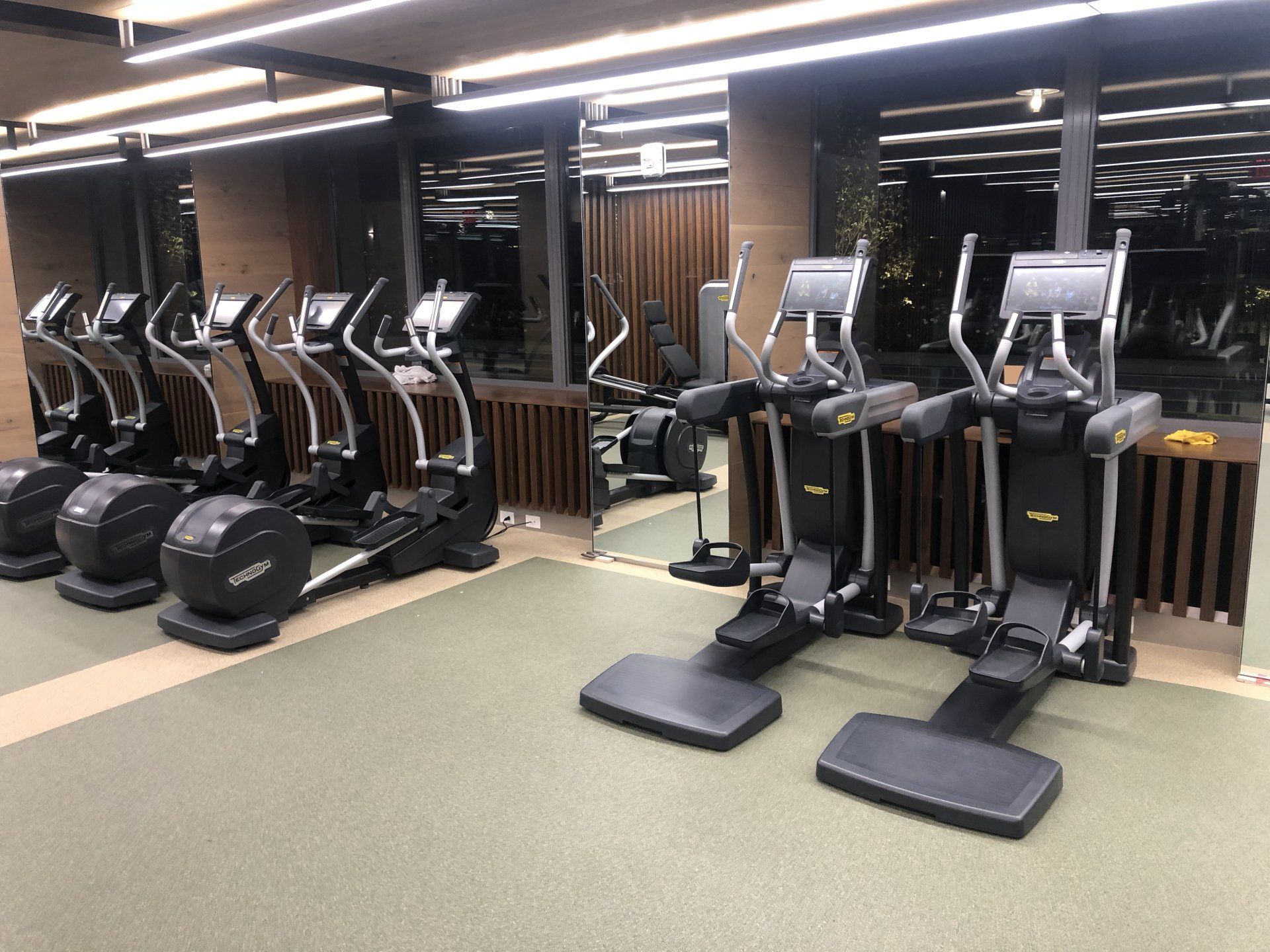 Cardio equipment row including ellipticals and treadmills in a polished fitness center