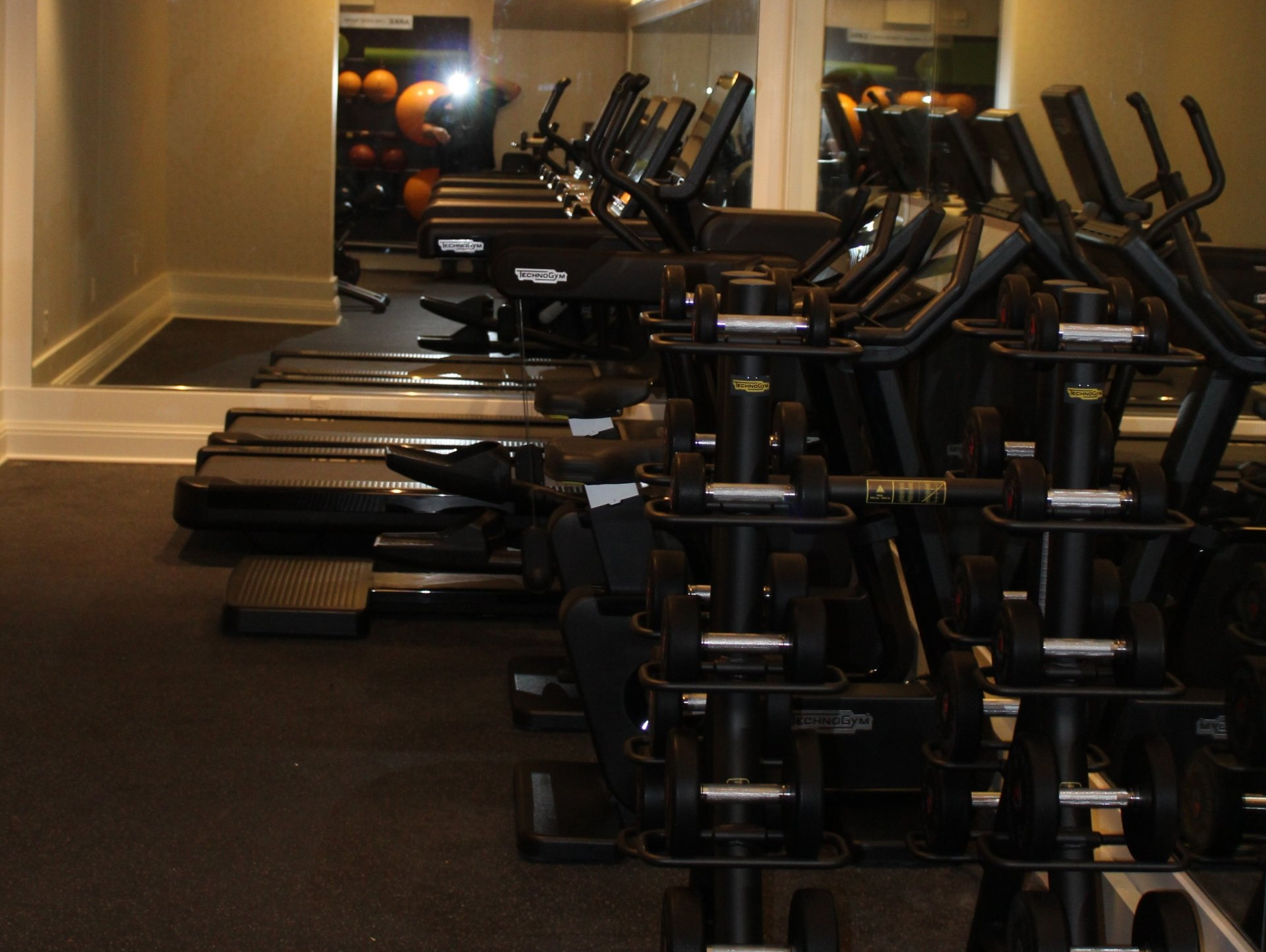 Multiple stationary bikes arranged inside The Reeds at Shelter Haven gym.