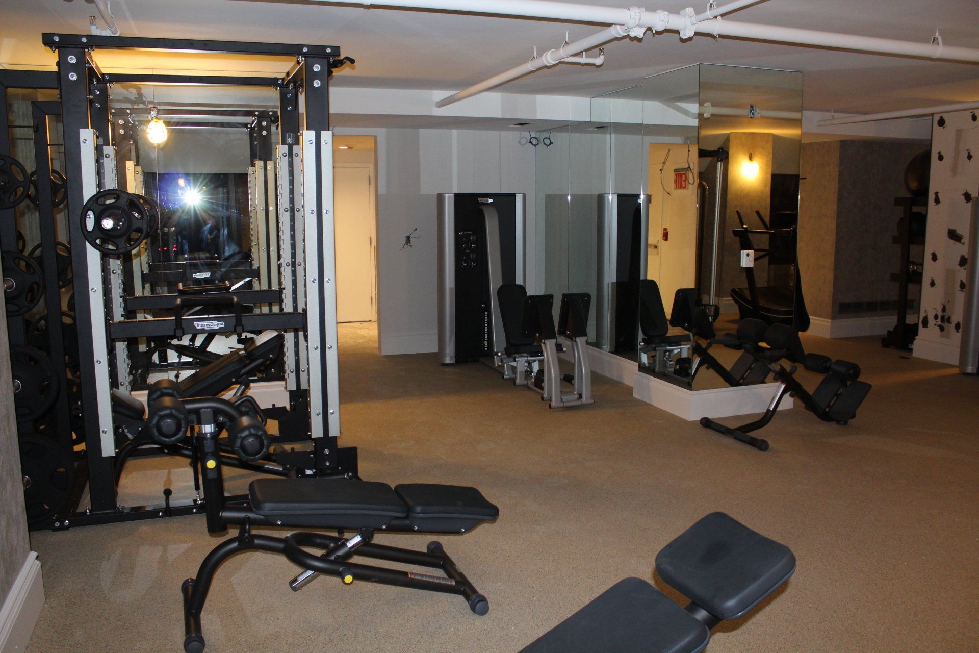 Workout machines and benches neatly arranged in Lotte New York Palace fitness room.