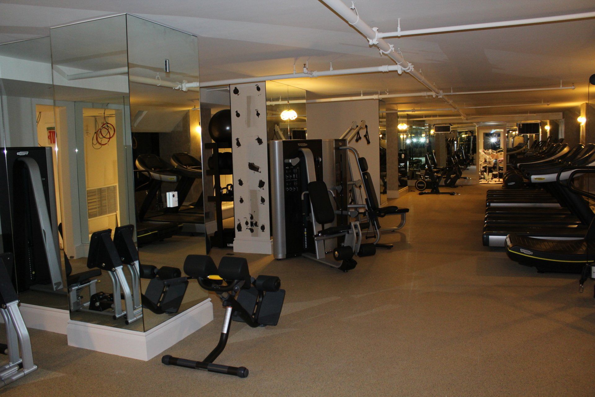 Spacious gym with cardio and resistance equipment, mirrored walls.