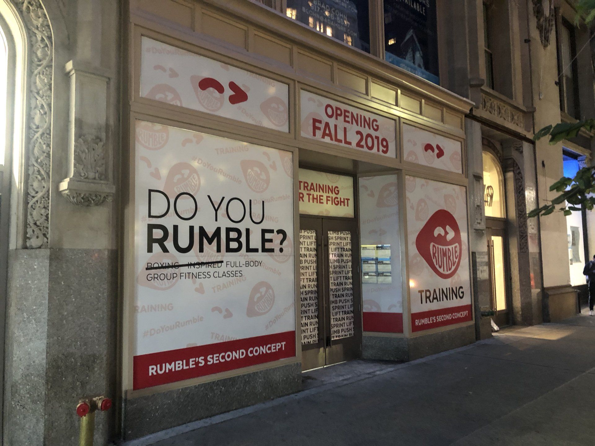 Rumble Fitness storefront sign with fall 2019 opening announcement