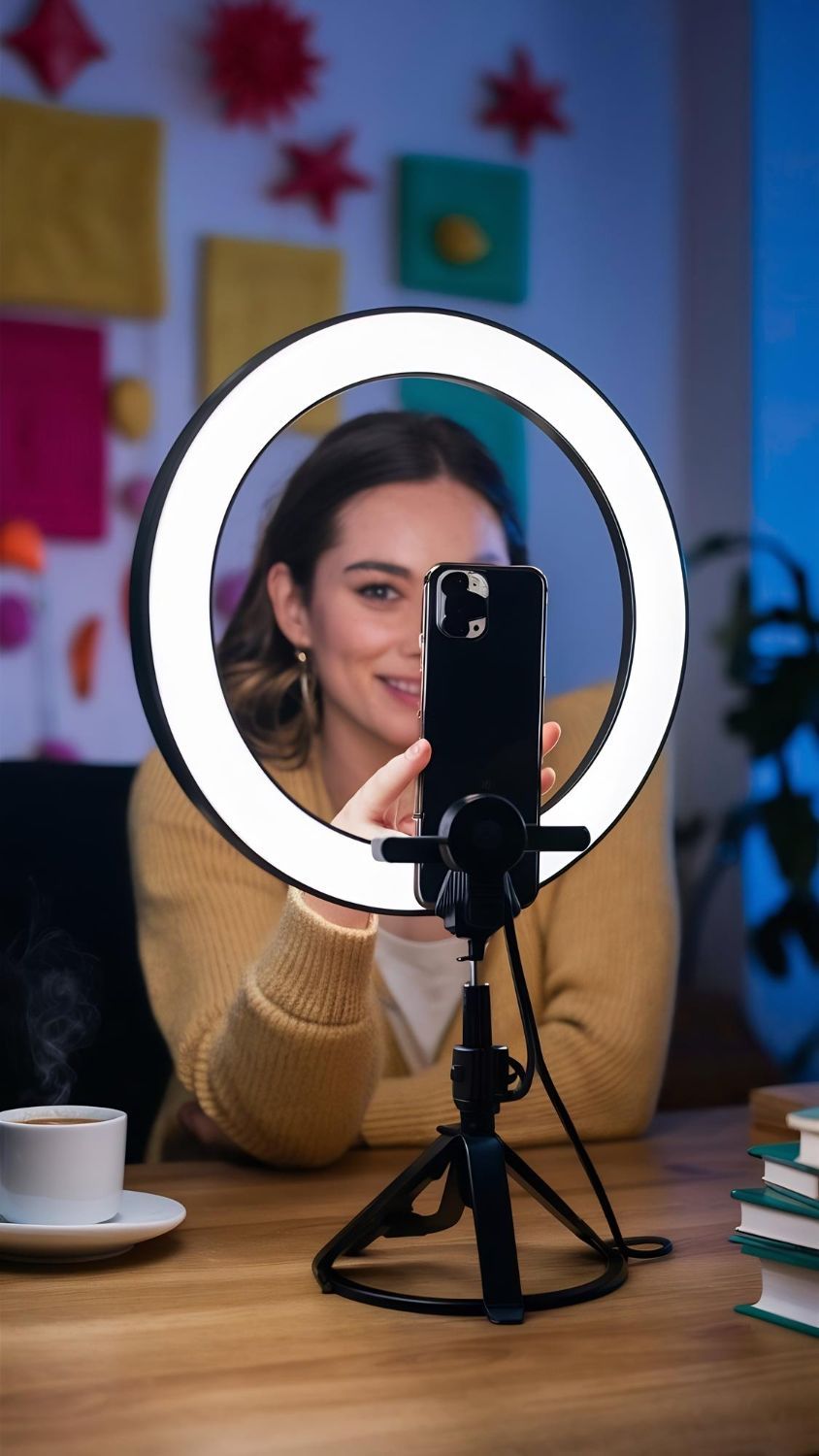 Woman using phone with ring light for video recording at desk.