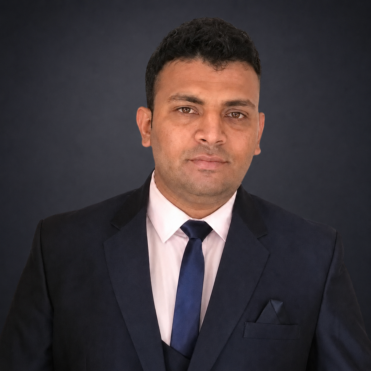 Man in a dark suit with a blue tie, looking at the camera.