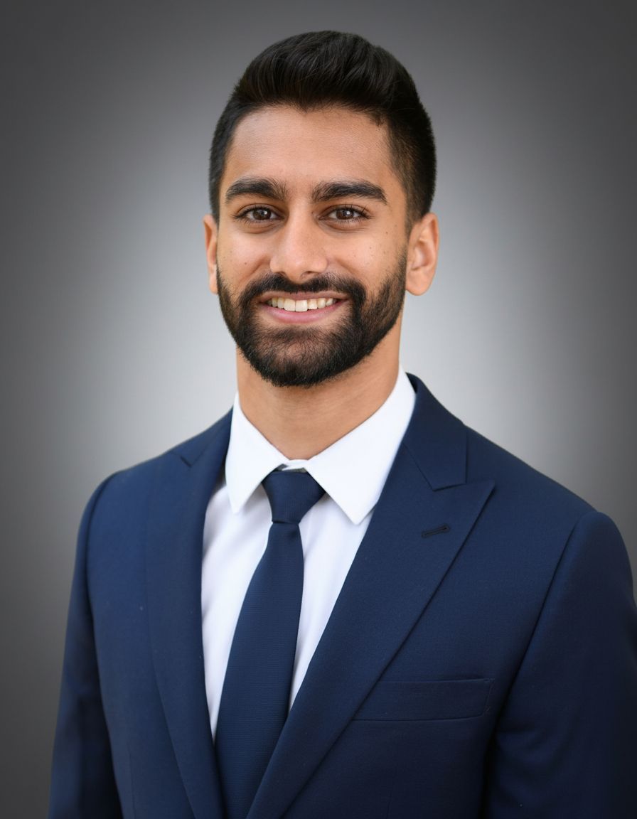 Man in navy suit, white shirt, and patterned tie smiles; outdoor setting.