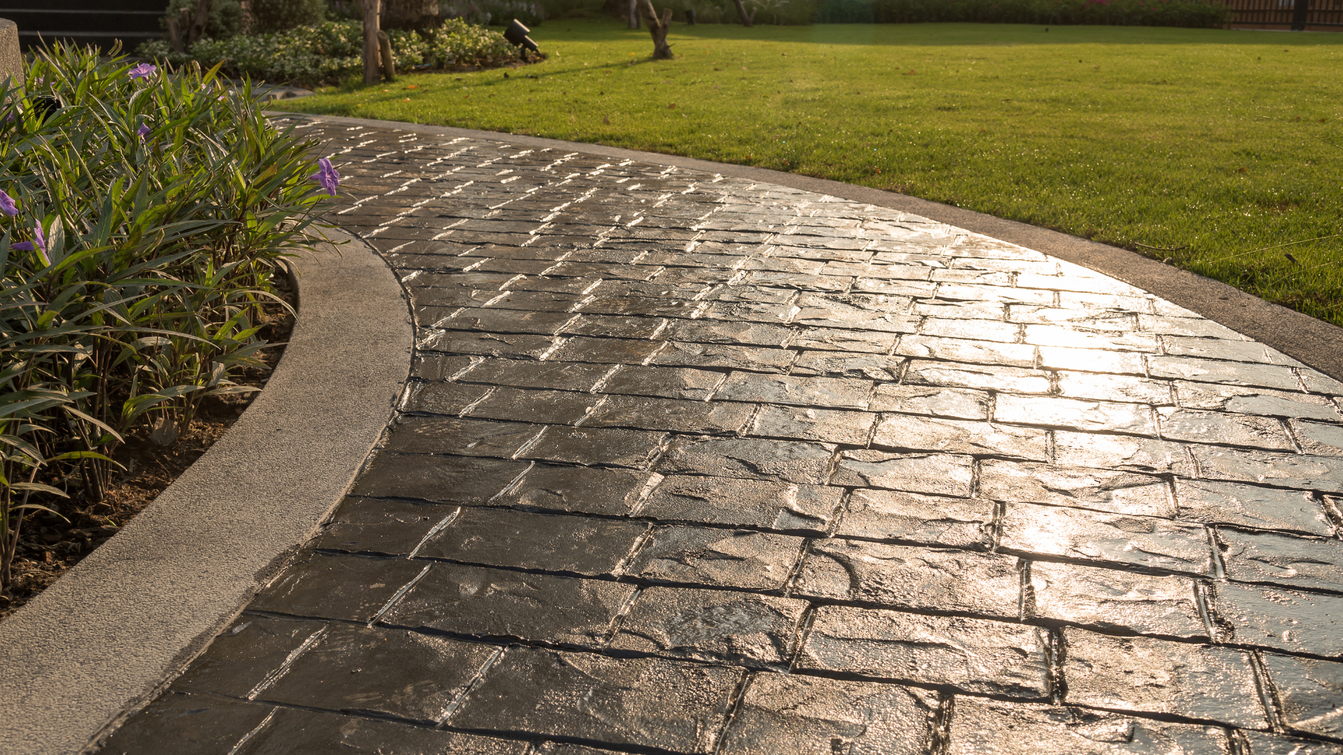 Curved brick-patterned walkway with a concrete border, leading through a grassy yard with plants.