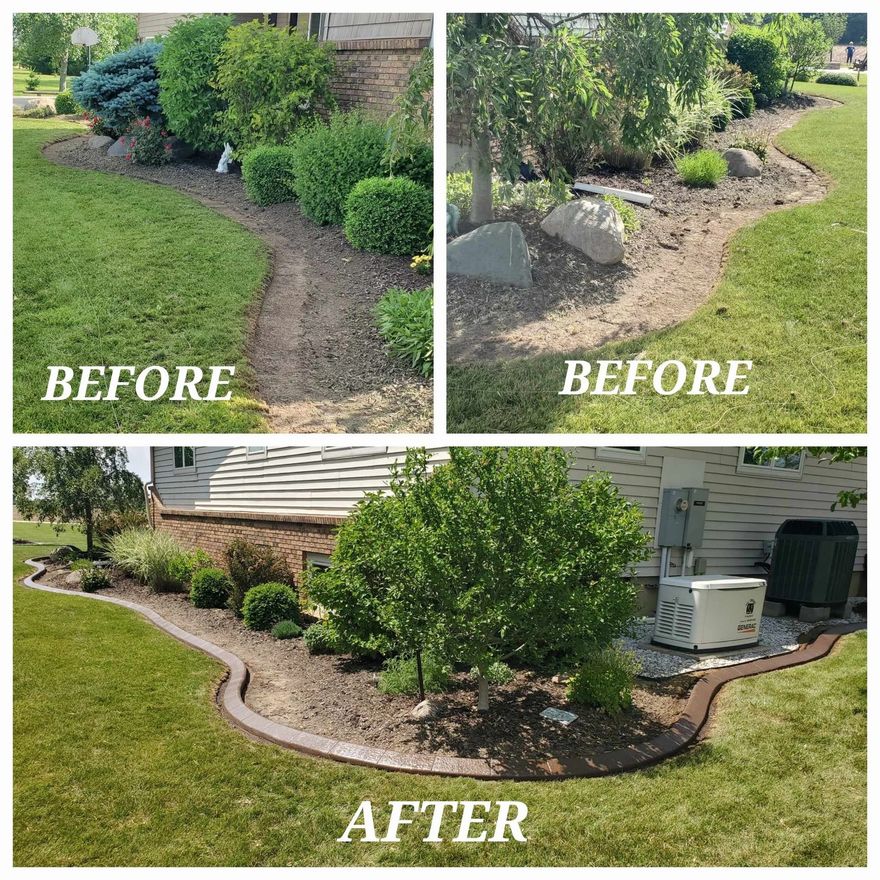 Before/after photos of a garden bed with grass, plants, and newly installed concrete edging.