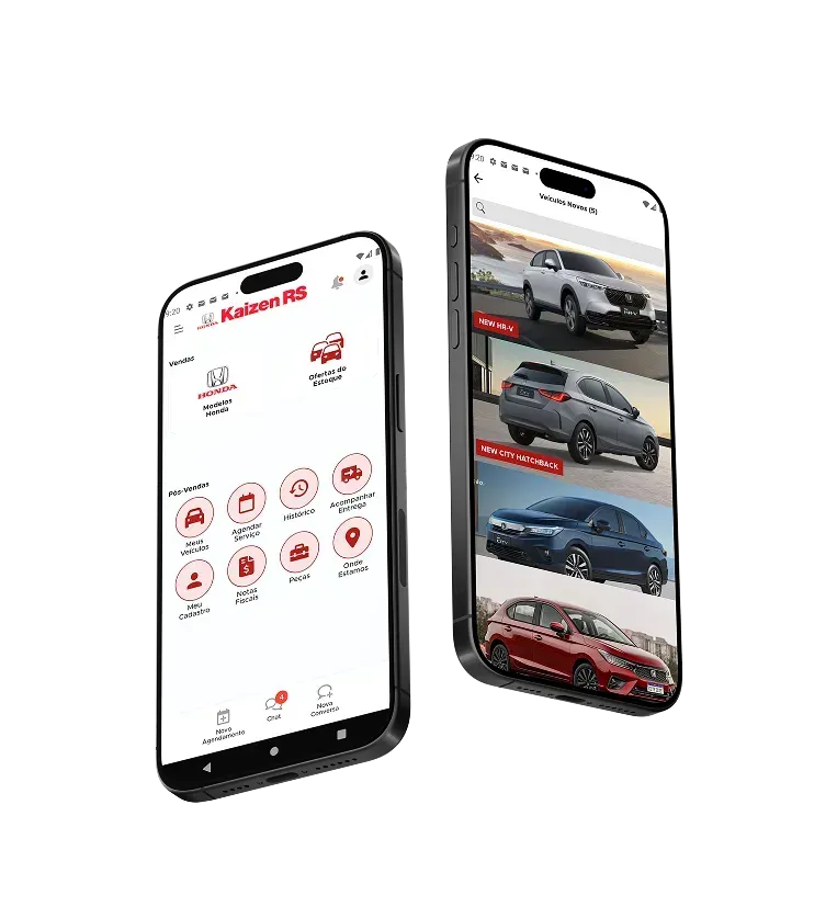 Dois smartphones exibindo uma interface de aplicativo vermelha e branca com modelos de carros.