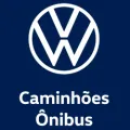 Volkswagen logo over the text "Caminhões Ônibus" in white on a blue background.