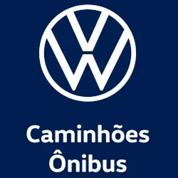 Volkswagen logo over the text "Caminhões Ônibus" in white on a blue background.