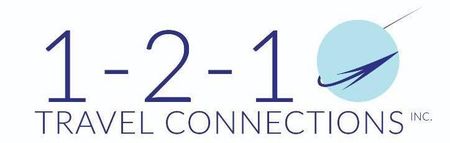 The logo for 1-2-1 travel connections nc shows a plane in a circle.