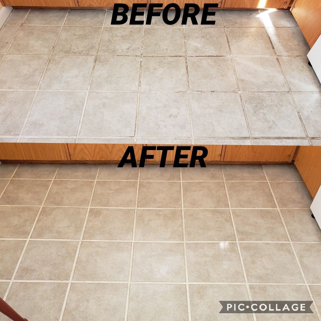 Comparison of a kitchen floor before and after cleaning; tiles are lighter.