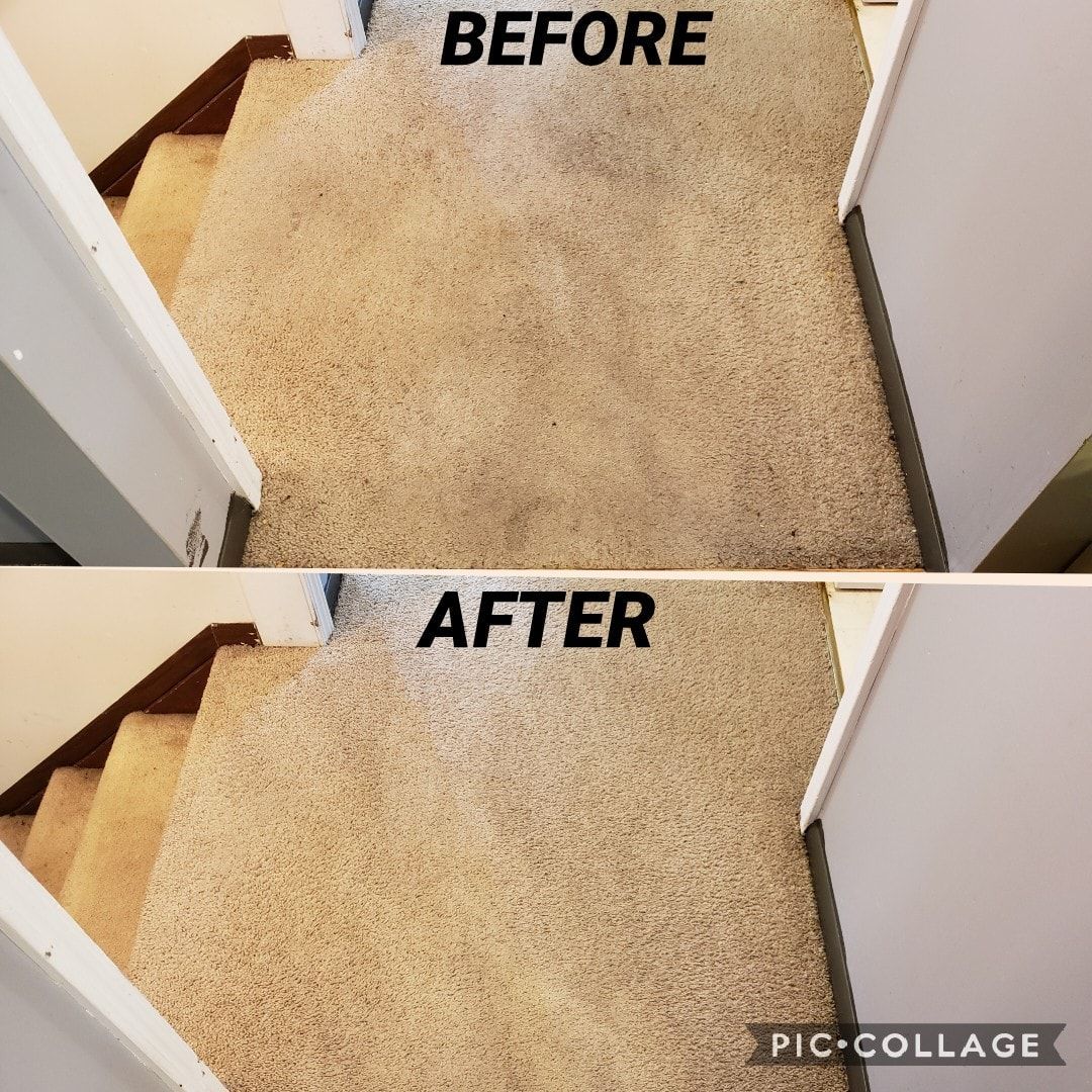 Before and after of a staircase carpet cleaning; beige carpet, wood stairs.