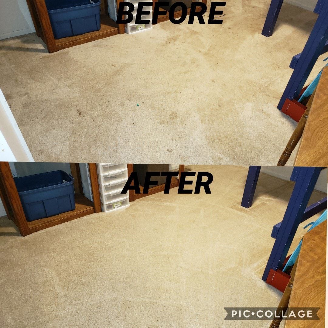 Comparison of a dirty carpet (before) and a clean carpet (after) showing a significant color difference.