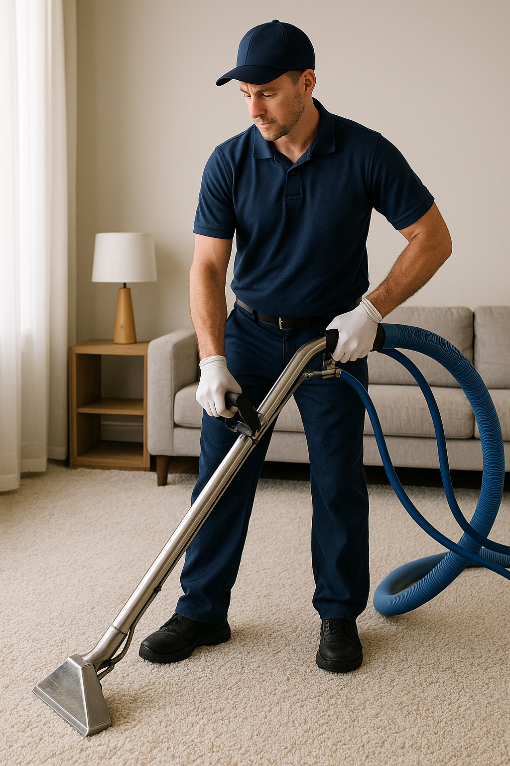 Vacuum cleaner cleaning beige carpet, creating a lighter, clean strip.